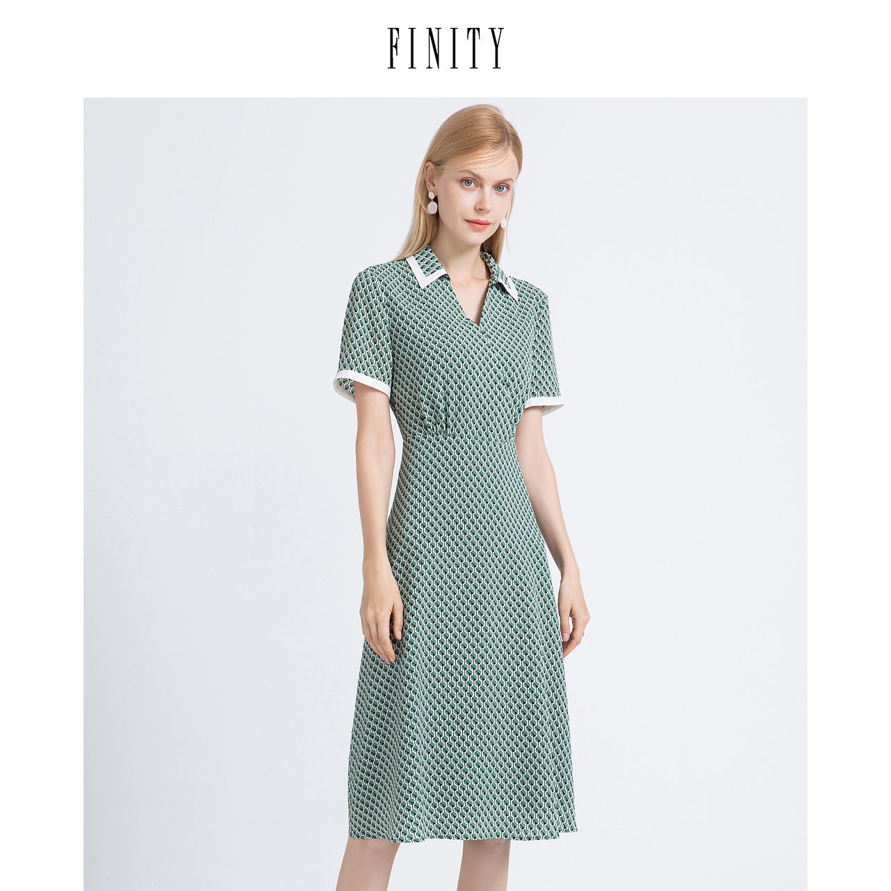 FINITY菲妮迪夏装绿底印花连衣裙女高端优雅气质中长款裙子女