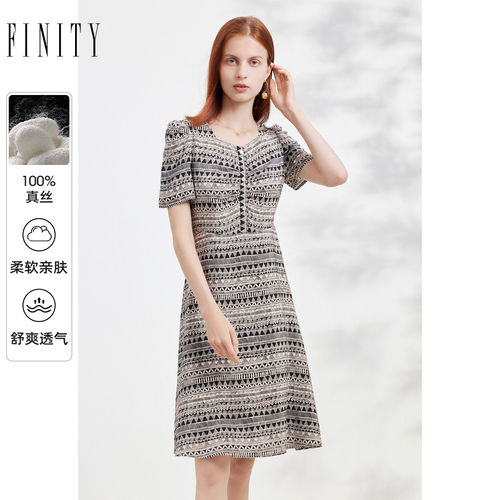 【100%桑蚕丝】FINITY菲妮迪真丝连衣裙夏季简约赫本风短袖裙子女