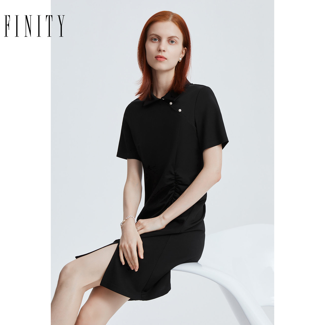 FINITY菲妮迪品牌连衣裙夏季简约气质黑色时尚短袖A字裙子女
