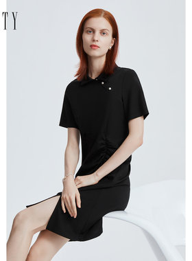 FINITY菲妮迪品牌连衣裙夏季简约气质黑色时尚短袖A字裙子女