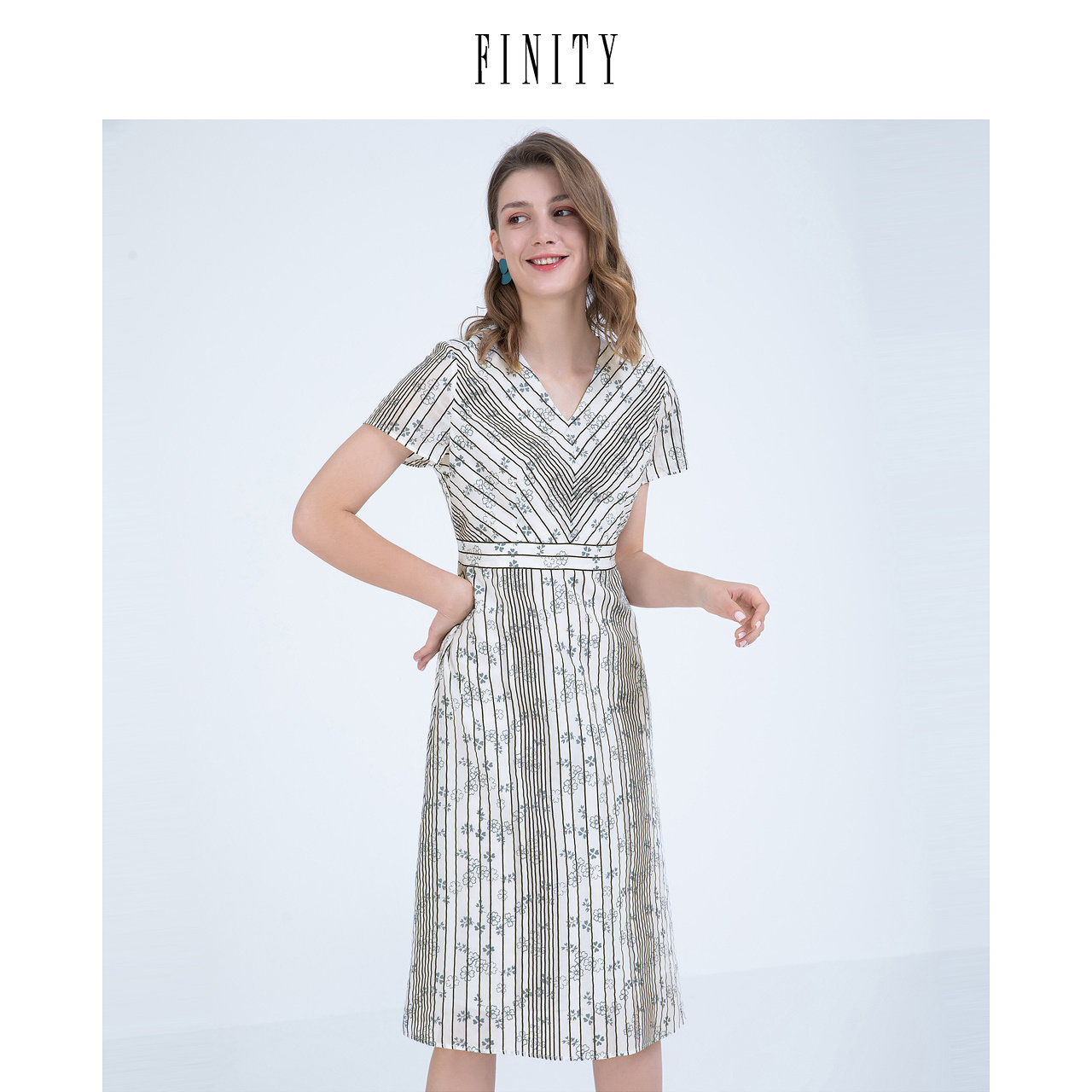 FINITY菲妮迪夏装条纹印花连衣裙女高端法式复古气质裙子女