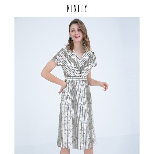 FINITY菲妮迪夏装条纹印花连衣裙女高端法式复古气质裙子女
