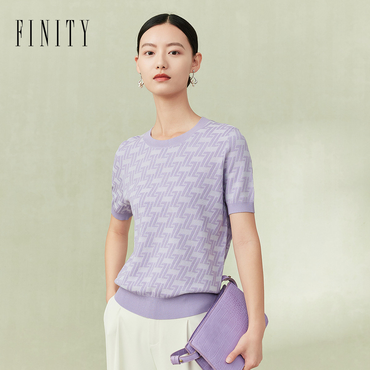 FINITY菲妮迪针织衫2024夏季简约休闲风紫色提花百搭圆领上衣女