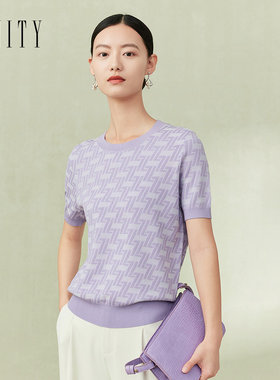 FINITY菲妮迪针织衫2024夏季简约休闲风紫色提花百搭圆领上衣女