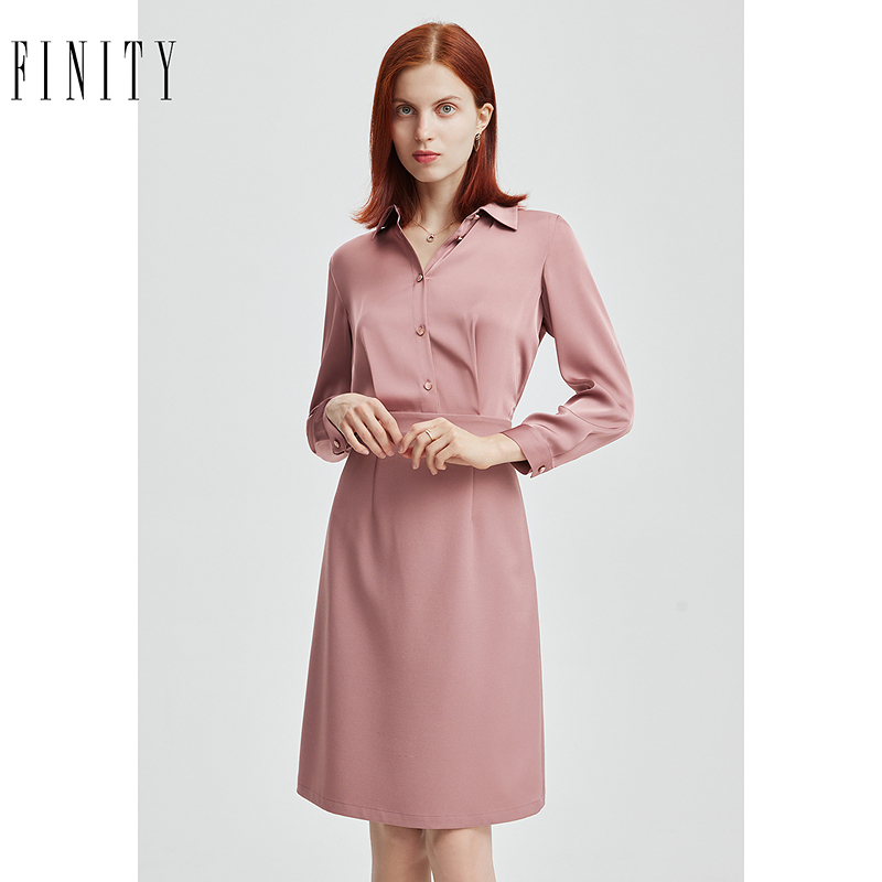 菲妮迪连衣裙2024年秋季简约气质衬衫领显瘦休闲中长款裙子女