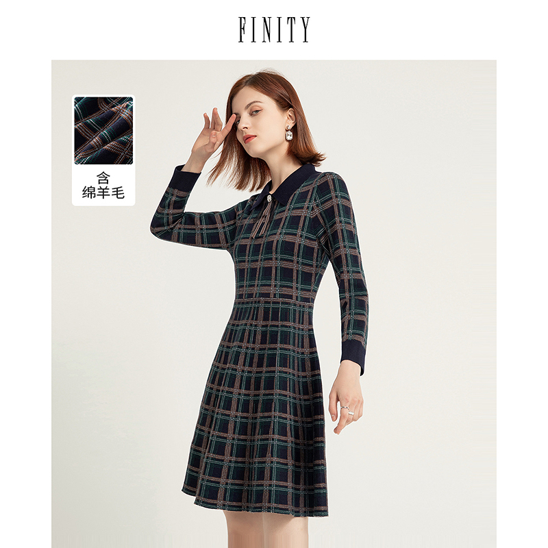 FINITY2024年秋冬针织连衣裙气质法式格纹设计感中长款裙子女