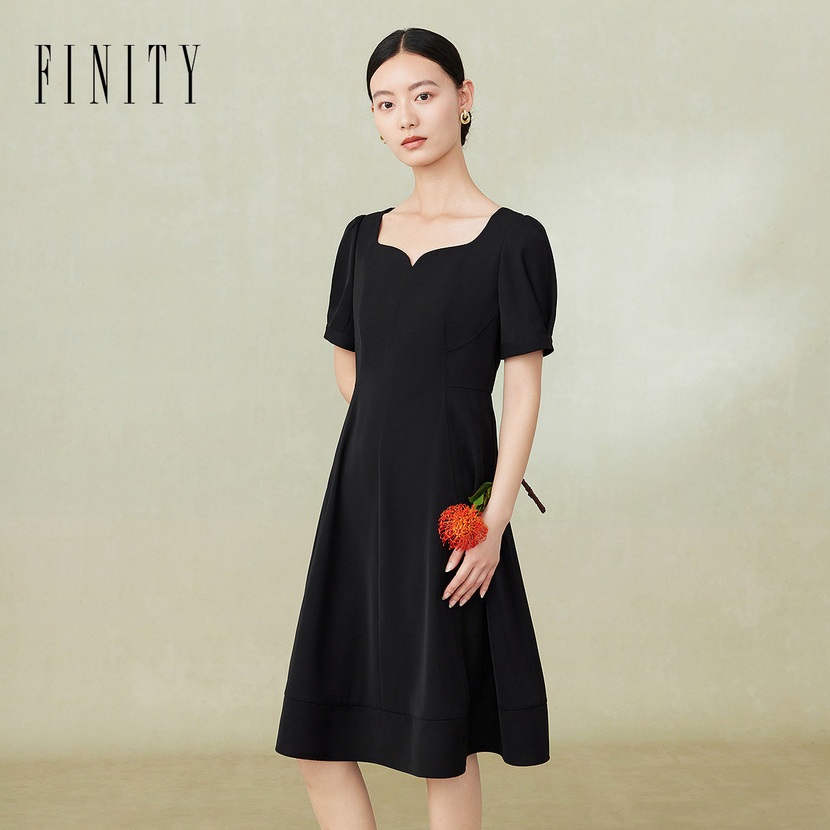 FINITY菲妮迪品牌连衣裙2024夏季简约赫本风短袖气质黑色裙子女