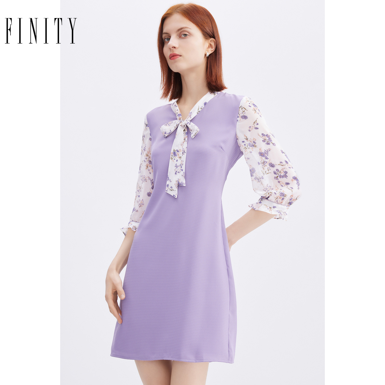 FINITY2024秋季拼接飘带连衣裙时尚气质宽松显瘦中长款裙子女