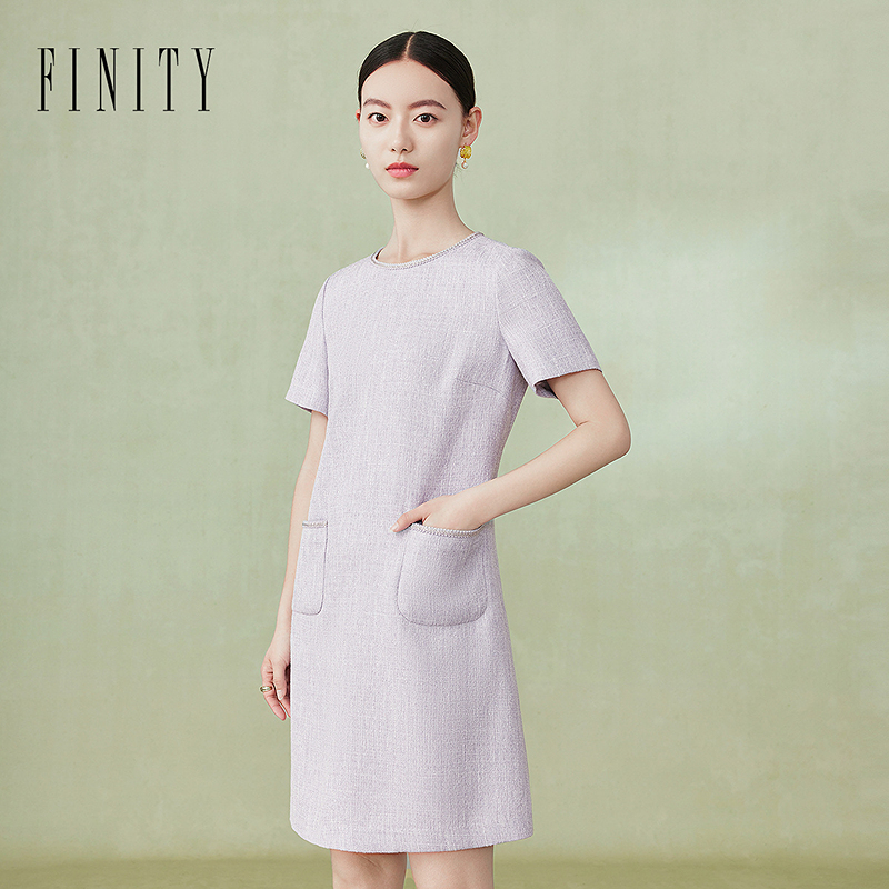 FINITY菲妮迪24年春夏新品短袖连衣裙圆领口袋修身显高裙子女