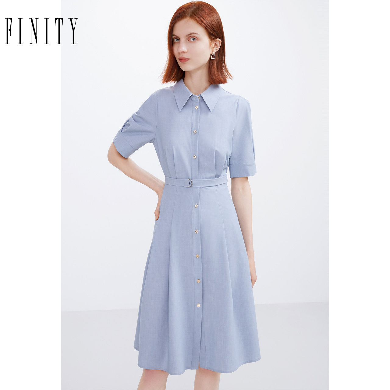 FINITY菲妮迪衬衫领连衣裙2024夏季别致百搭气质收腰显瘦短袖裙子