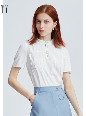 FINITY菲妮迪品牌雪纺衫夏季简约白色时尚蕾丝套头短袖上衣女