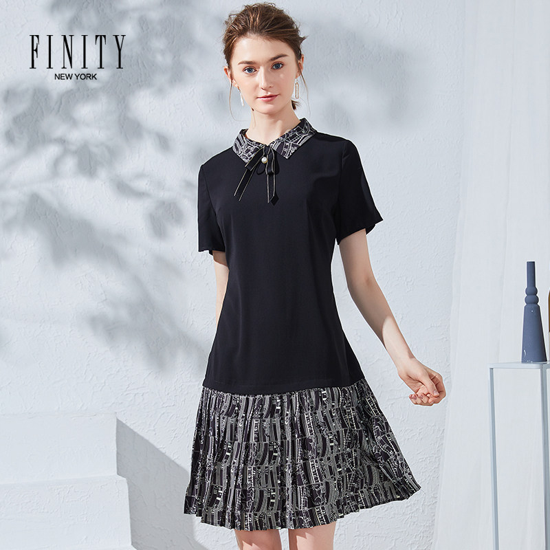 FINITY菲妮迪夏装洋气撞色拼接假两件时尚轻薄显瘦法式连衣裙女