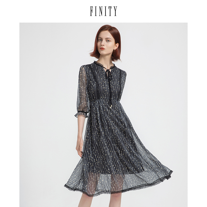 FINITY2024年春季蕾丝黑底印花百搭连衣裙女气质中长款裙子女