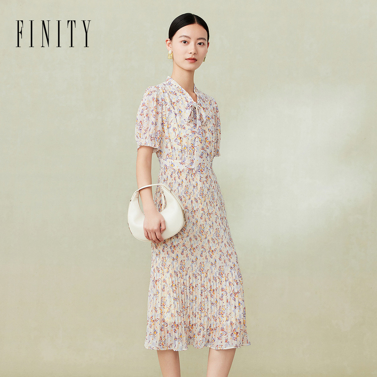 FINITY菲妮迪品牌连衣裙2024夏季法式飘带领温柔洋气印花短袖裙子