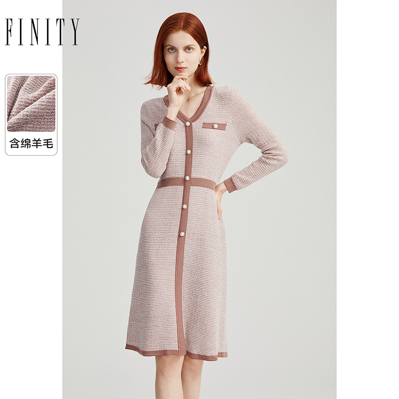 菲妮迪针织连衣裙2024年秋季小香风气质时尚V领中长款A字裙女