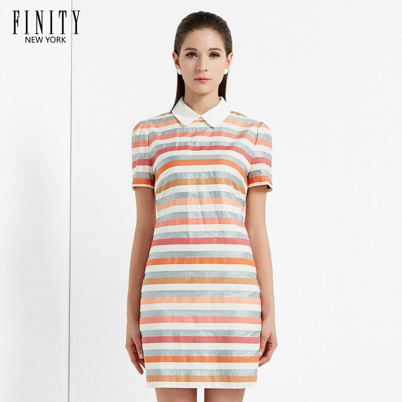 FINITY女装正品 条纹翻领包臀修身显瘦连衣裙