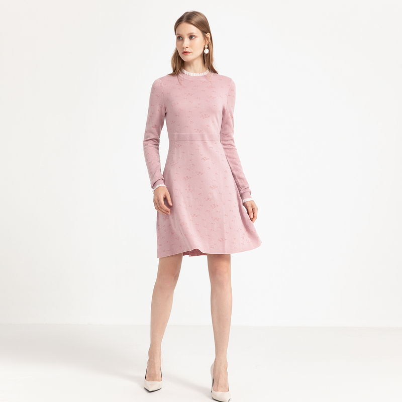FINITY春季针织连衣裙女百搭气质蕾丝圆领中长款裙子女