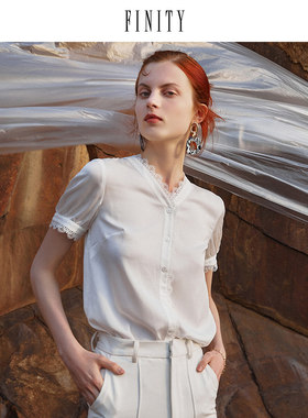 FINITY菲妮迪女装夏衬衫女设计感小众轻熟白色蕾丝花边短袖上衣