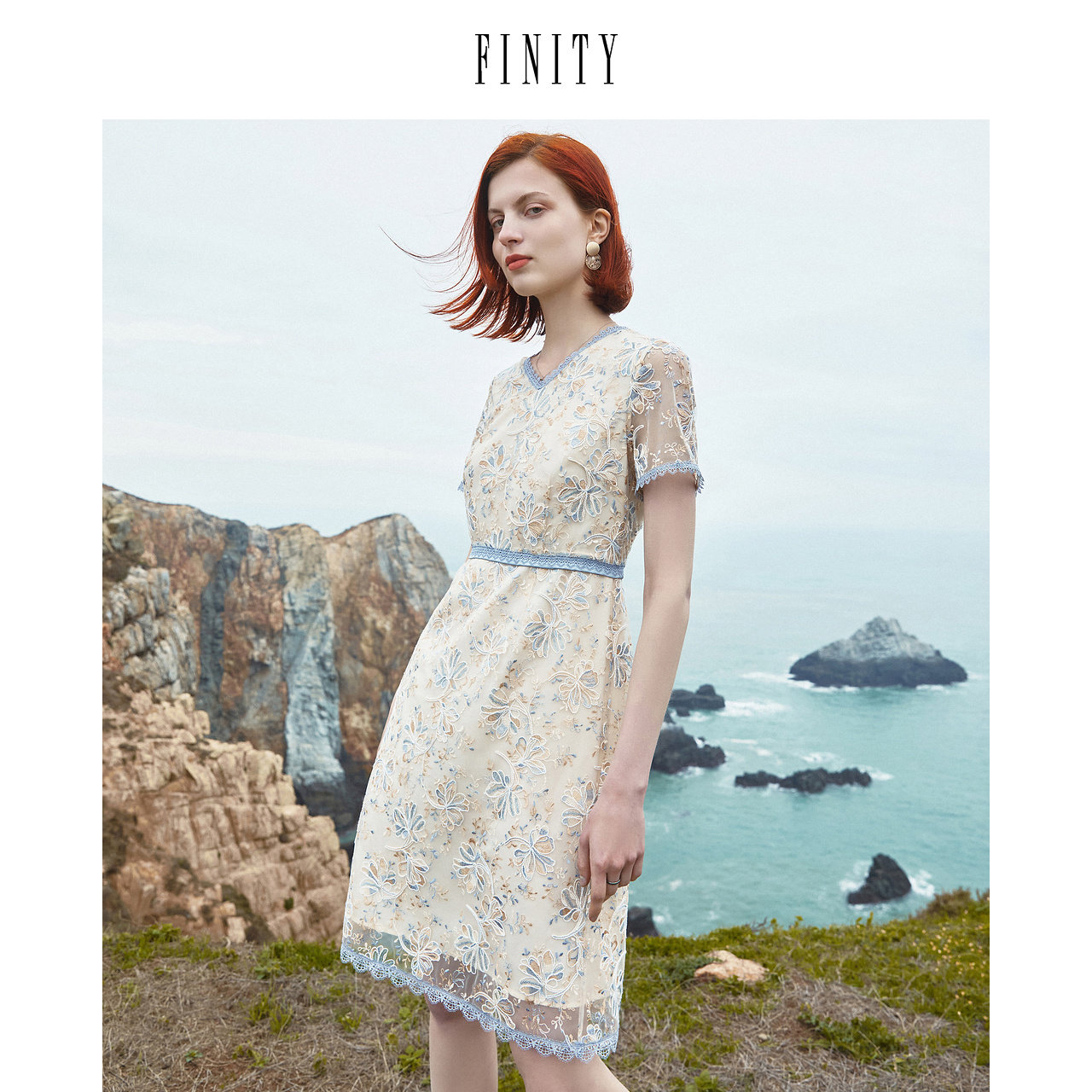 FINITY菲妮迪夏装印花蕾丝连衣裙女中国风修身淑女中长款裙子