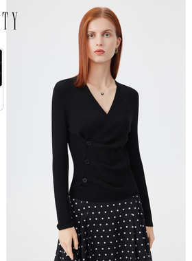 【100%羊毛】菲妮迪品牌羊毛衫2024秋黑色纯羊毛修身V领上衣