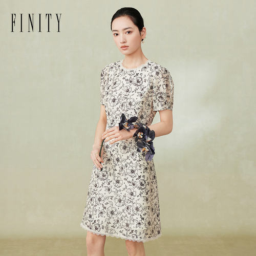 FINITY菲妮迪连衣裙2024夏季简约花边领洋气印花泡泡袖裙子女