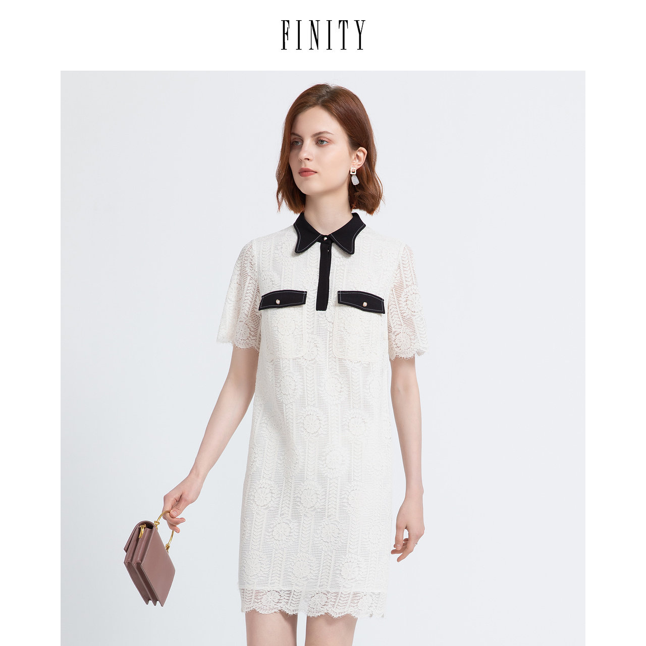 FINITY菲妮迪夏装气质蕾丝短袖连衣裙女气质休闲中长款裙子女