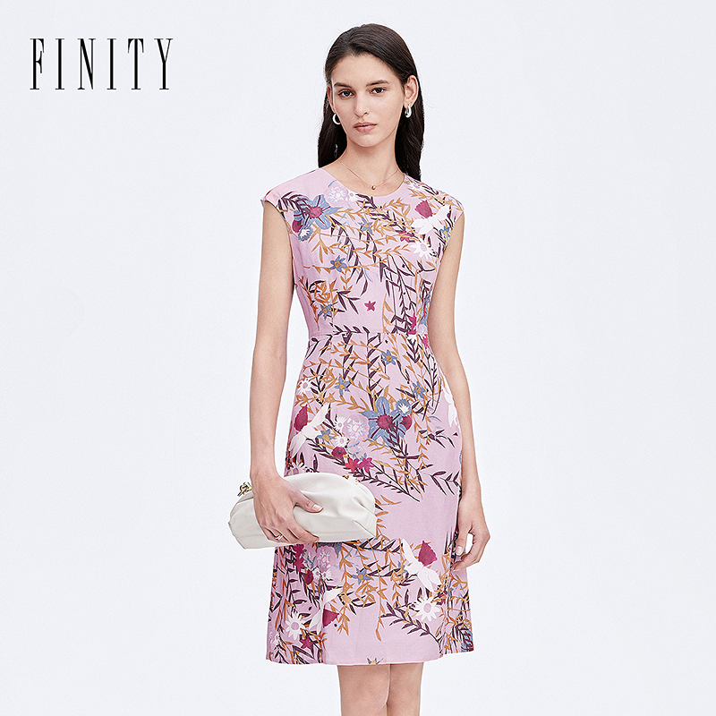 FINITY2024年秋季印花无袖连衣裙法式休闲设计感中长款裙子女