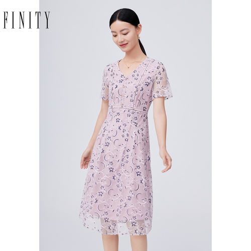 FINITY菲妮迪品牌连衣裙简约时尚印花名媛风气质短袖裙子