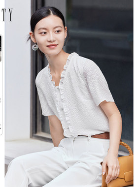【100%桑蚕丝】FINITY菲妮迪真丝上装夏季简约白色V领短袖上衣女