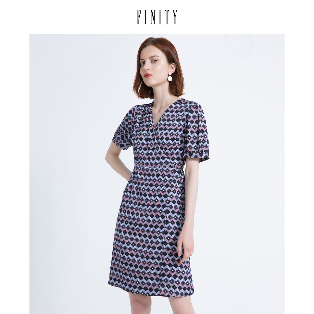 【真丝连衣裙】FINITY菲妮迪夏装V领印花修身收腰气质中长款裙子