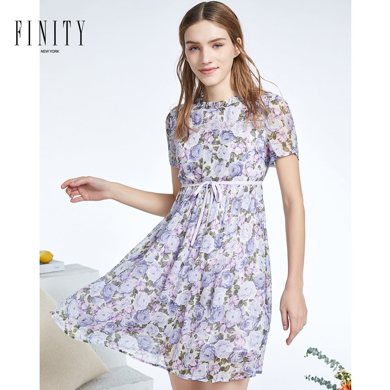 FINITY夏装新款木耳边收腰系带飘逸真丝法式碎花连衣裙桑蚕丝怎么看?