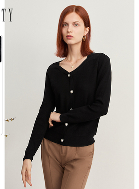 FINITY黑色针织衫2024秋简约气质单排扣休闲百搭含羊毛小衫女