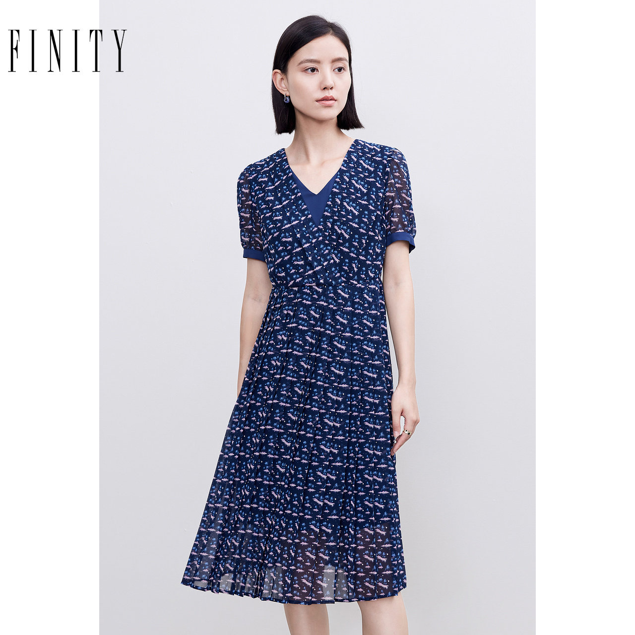 FINITY菲妮迪品牌时装 法式气质印花V领裙子茶歇连衣裙