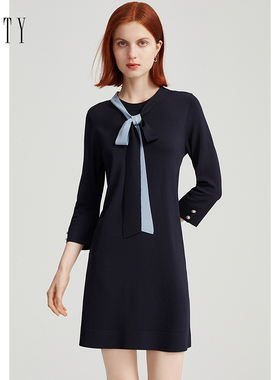 FINITY2024年秋气质毛衫裙修身显瘦显高圆领七分袖针织连衣裙