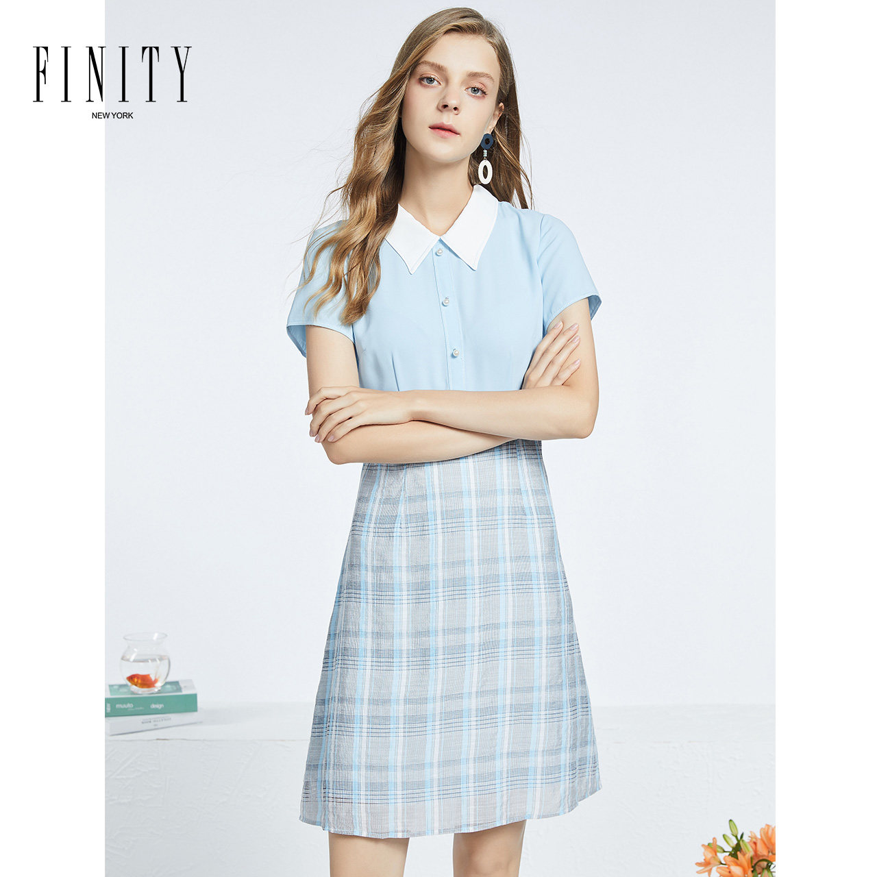 FINITY菲妮迪春夏时尚条纹印花拼接连衣裙轻薄简约温柔风裙子女