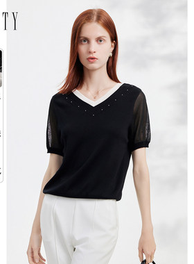 FINITY菲妮迪真丝针织衫夏季简约桑蚕丝黑色V领轻奢短袖上衣