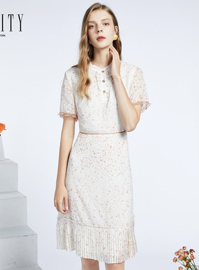 FINITY菲妮迪秋装白色波点连衣裙女时尚收腰显瘦短袖拼接百褶裙