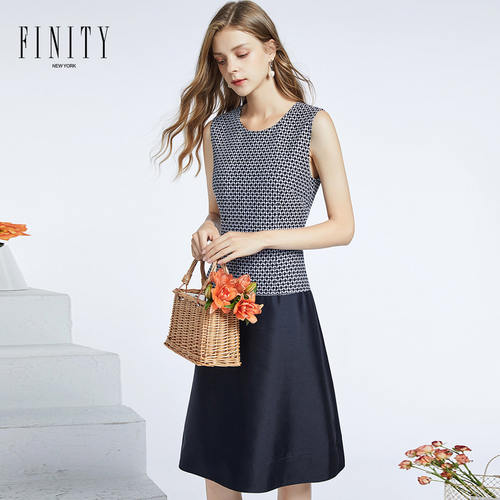 FINITY菲妮迪商场同款春夏真丝收腰撞色拼接连衣裙女士无袖裙子