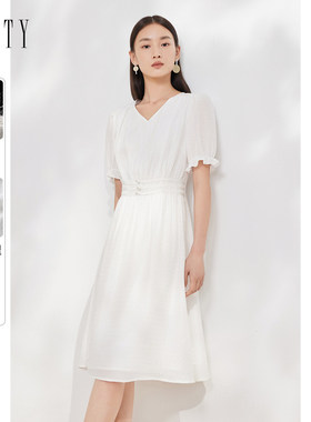 【100%桑蚕丝】FINITY菲妮迪品牌女装夏季白色裙子女真丝连衣裙