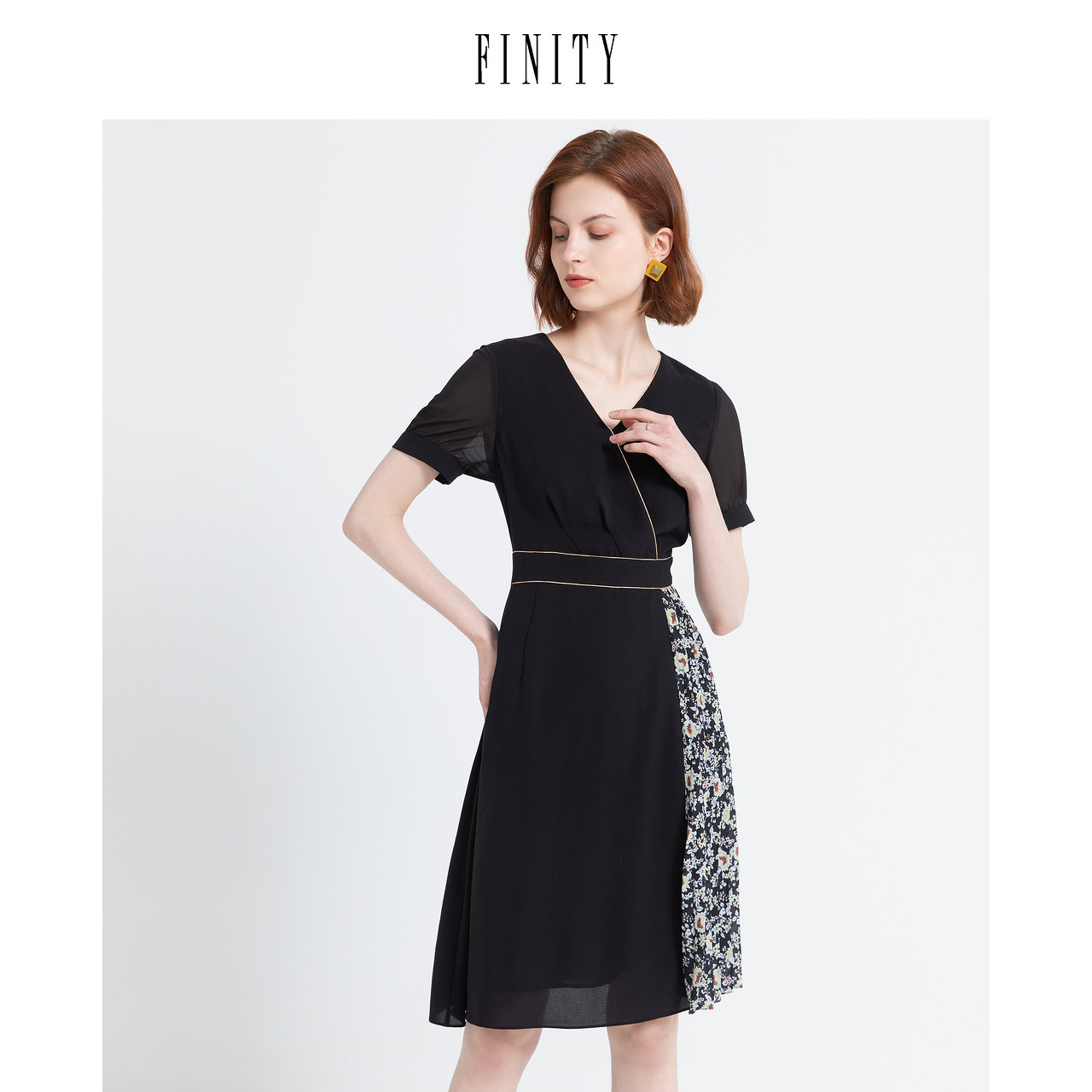 FINITY菲妮迪夏装法式修身显瘦连衣裙女不规则中长款百褶裙子女