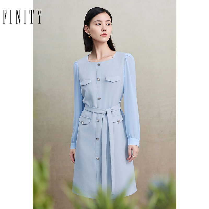 菲妮迪品牌连衣裙2024年秋季简约蓝色系带设计感时尚长袖裙子