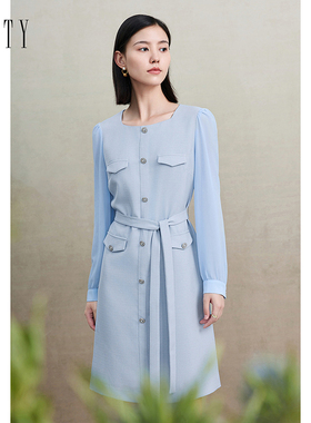 菲妮迪品牌连衣裙2024年秋季简约蓝色系带设计感时尚长袖裙子