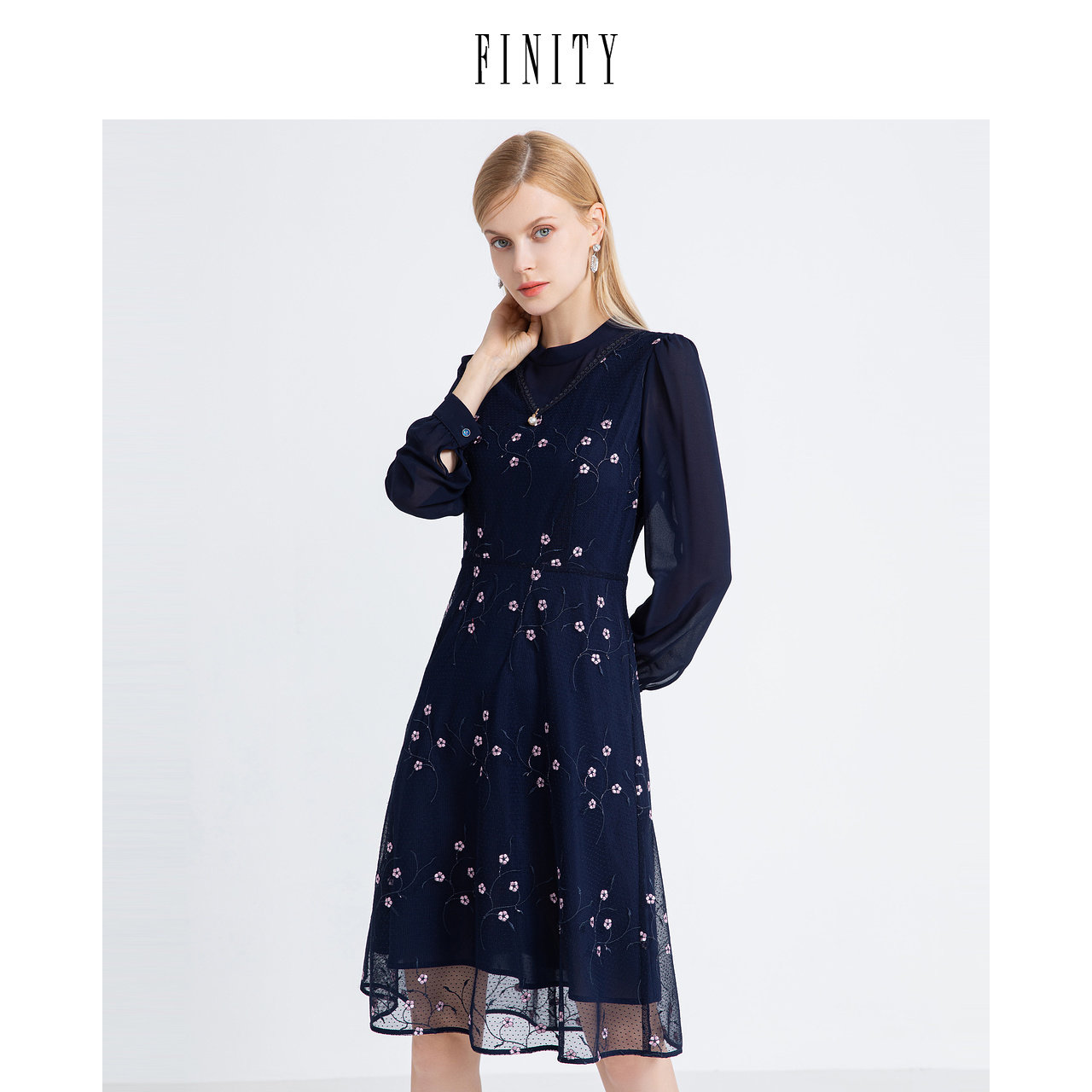 FINITY菲妮迪夏装短袖连衣裙女复古减龄V领气质中长款裙子女