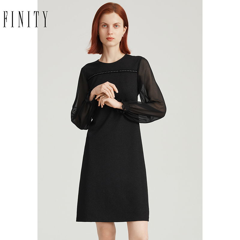 FINITY针织连衣裙2024年秋季黑色简约气质收腰中长款小黑裙女