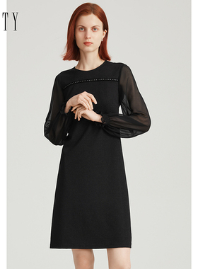 FINITY针织连衣裙2024年秋季黑色简约气质收腰中长款小黑裙女