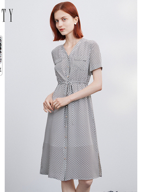 【100%桑蚕丝】FINITY菲妮迪夏真丝连衣裙黑色收腰中长款裙子