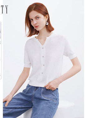 FINITY菲妮迪针织衫女夏季白色冰丝短袖时尚温柔别致薄款上衣女