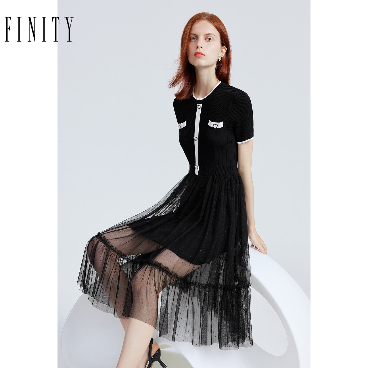 FINITY菲妮迪品牌连衣裙夏季简约气质拼接设计感时尚短袖裙子女