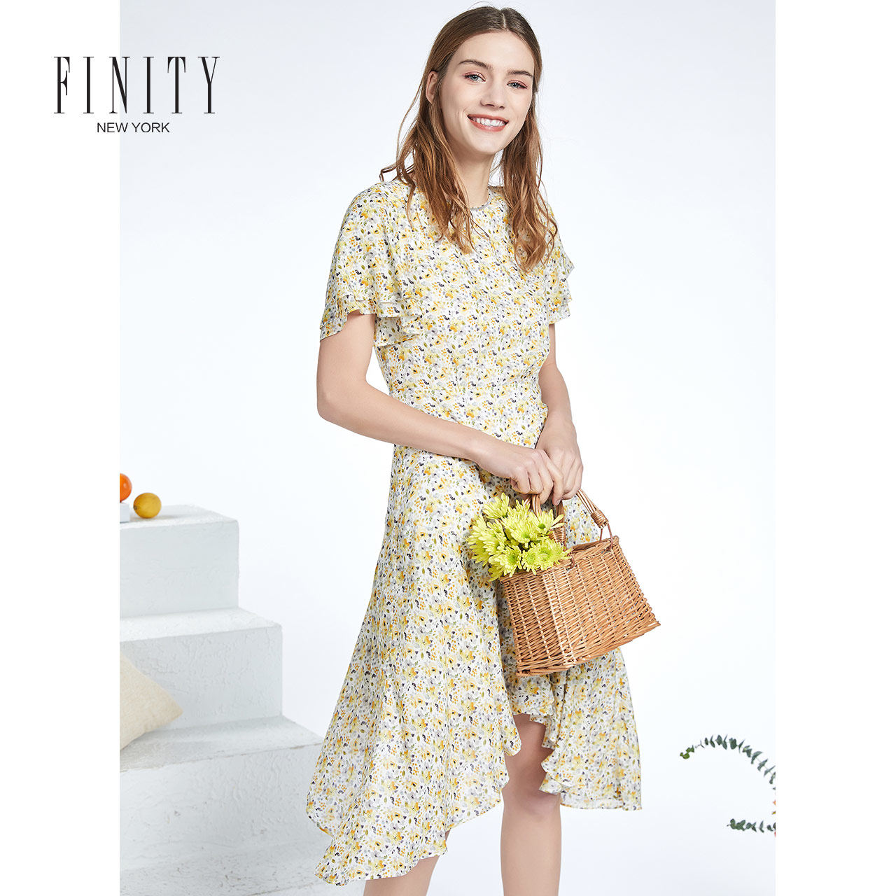 FINITY菲妮迪短袖裙子女夏装简约时尚不规则下摆收腰显瘦连衣裙