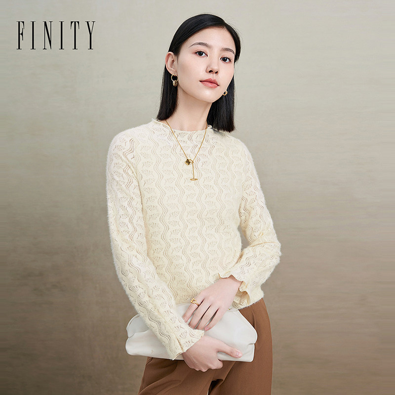 菲妮迪品牌针织衫2024年秋季简约时尚设计感气质圆领通勤上衣